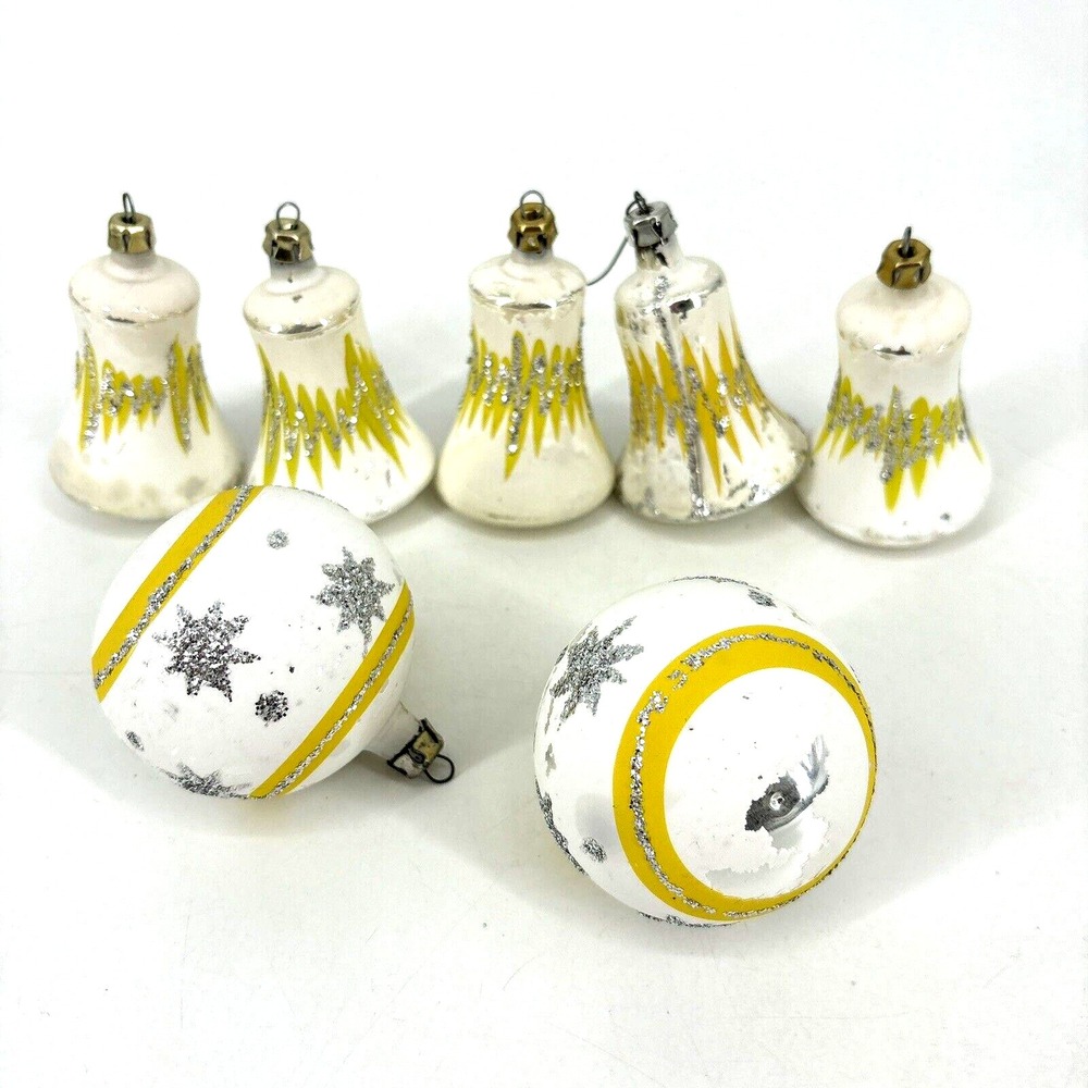 MCM‎ Vintage Glass Bell & Round Christmas Tree Ornament Lot of 7 Poland Yellow